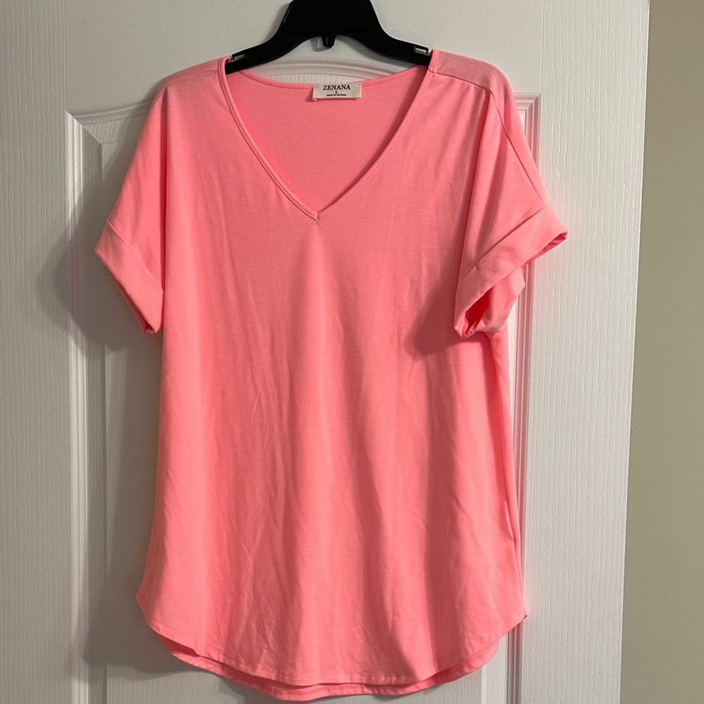 Zenana Pink V-Neck Tee-NWOT